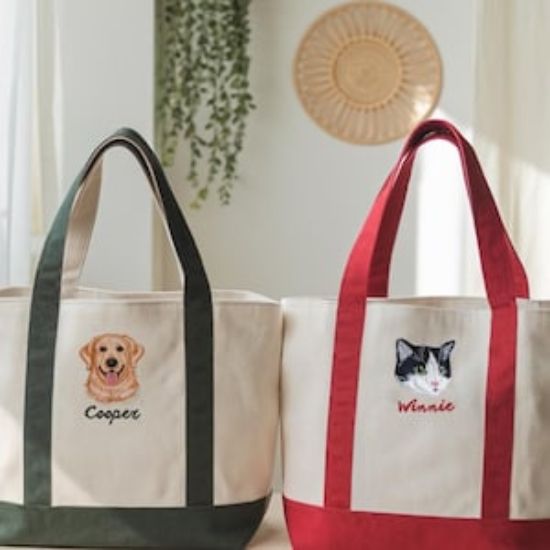 Embroidered Custom Pet Hat Using Pet Photo Personalized Canvas Tote Bag, Custom Cat Bag, Custom Pet Bag, Dog Mom Custom Bag