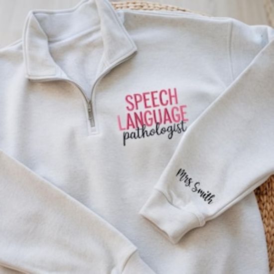 Embroidered Custom Speech Language Pathologist Quarter Zip Sweatshirt, SLP Crewneck, Speech Therapist Gift, Speech Pathologist Shirt, ASL