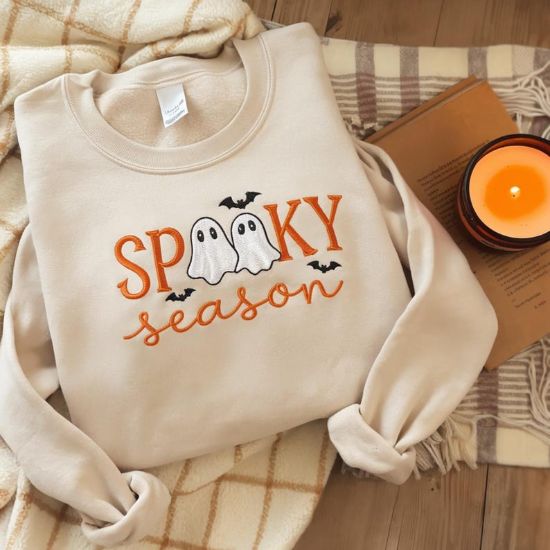 Embroidered Cute Spooky Season Sweatshirt, Cute Halloween Sweatshirt, Cute Fall Sweatshirt, Gift For Halloween, Spooky Season Crewneck