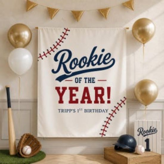 Rookie of the Year 1st Birthday Banner, Baseball First Birthday Backdrop, Custom Baby Boy Birthday Banner, Sports Theme Party Decor Tapestry