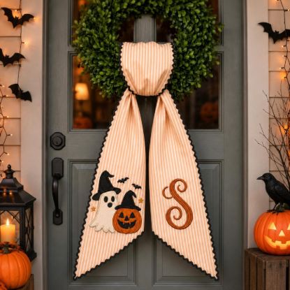 Personalized Halloween Wreath Sash Bow, Custom Ghost Pumpkin Door, Monogram Front Door Wreath, Spooky Fall Porch Decor, Halloween Wreath