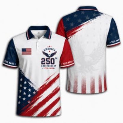 Custom America 250th Anniversary Polo Shirt Personalized USA Flag Polo Patriotic Independence Day Shirt 1776 2026 American Eagle 4th July