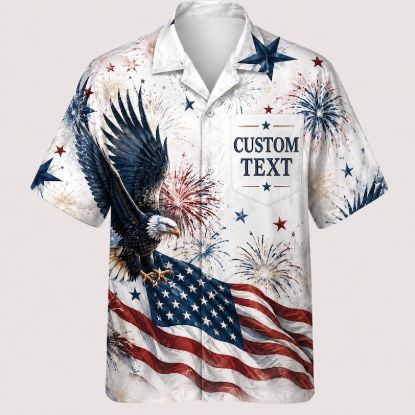 Custom Patriotic Hawaiian Shirt, Personalized Eagle American Flag Fireworks Button Down, Summer Aloha Shirt, USA Summer Gift for Men