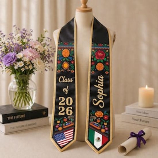 Personalize Mexican Graduation Stole, Custom Mexican Flag Graduation Sash 2026, Mexico Pattern Stole, Custom Name & School Sash
