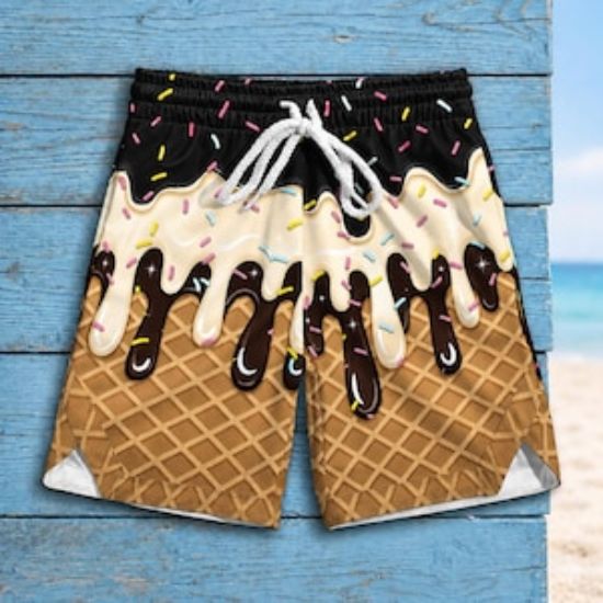 Ice Cream Drip Hawaii Shorts, Funny Summer Beach Shorts, Waffle Cone Swim Trunks, Colorful Sprinkle Vacation Shorts, Tropical Pool Shorts