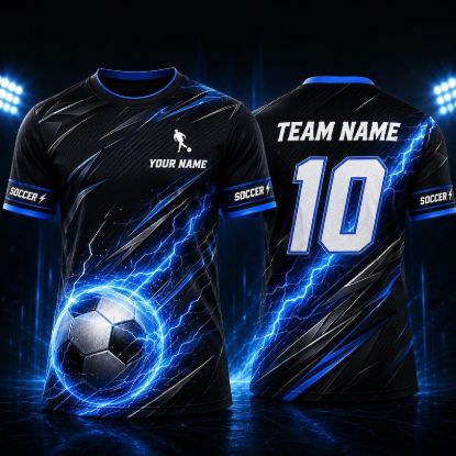 Custom Soccer Jersey, Personalized Team Name & Number Shirt, Black Blue Lightning Football Uniform, Youth Adult Sports Gift for Players