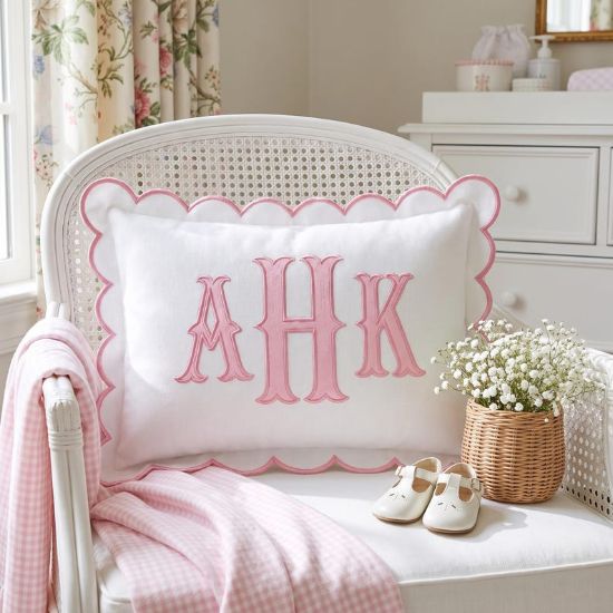 Personalized Monogram Pillow Cover | Custom Embroidered Baby Initials Pillowcase | Scalloped Nursery Pillow | Newborn Keepsake Gift