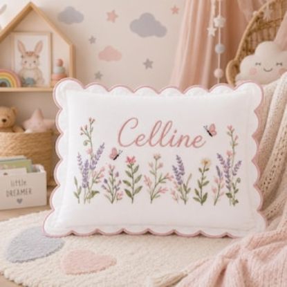 Custom Baby Name Pillow, Personalized Embroidered Floral Cushion, Pink Nursery Decor, Baby Shower Gift for Girl, Newborn Keepsake
