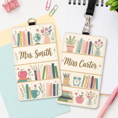 Personalized Cottagecore Bookshelf Leather ID Card Holder, Librarian Gifts, Teacher Lanyard Accessories, Custom Name Teacher Appreciation