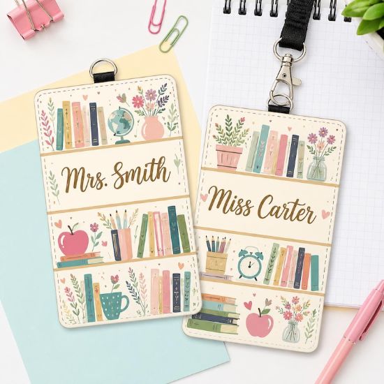 Personalized Cottagecore Bookshelf Leather ID Card Holder, Librarian Gifts, Teacher Lanyard Accessories, Custom Name Teacher Appreciation