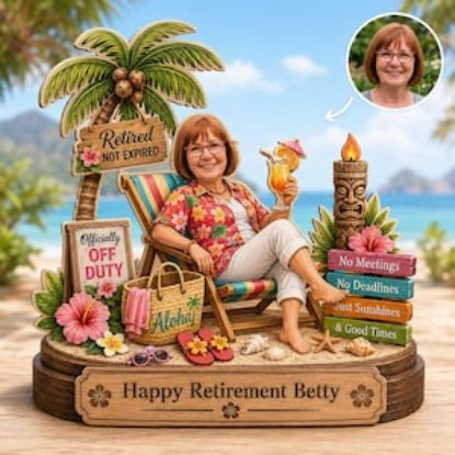 Personalized Retirement Bobblehead Figurine 2D Wooden Block, Beach Theme Decor Keepsake, Funny Retirement Gift for Women, Decor Home