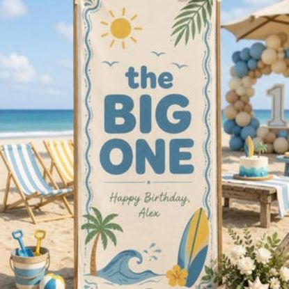 Personalized Beach First Birthday Polyester Tapestry, Custom The Big One Surf Party Backdrop, Blue Banner Welocme Sign