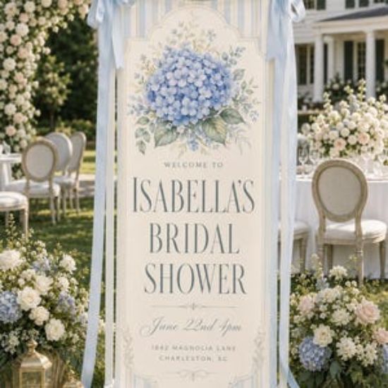 Personalized Hydrangea Bridal Shower Banner, Custom Blue Stripe Fabric Welcome Sign, Wedding Shower Backdrop, Garden Party Decor Bride